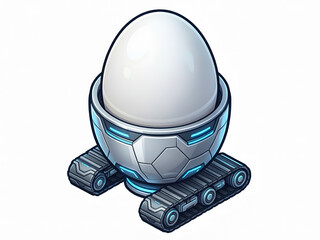 Fototapeta premium 3D isometric icon of a white boiled egg sitting in a high-tech robotic egg cup with tank treads.