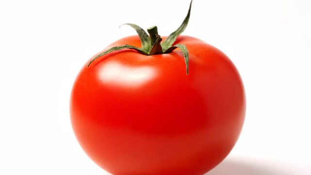 A close-up of a single, vibrant red tomato with a green stem, isolated on a clean white background. This image evokes freshness and is perfect for foo