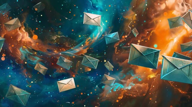 Abstract cosmic background with floating envelopes and colorful nebulae. 4k video