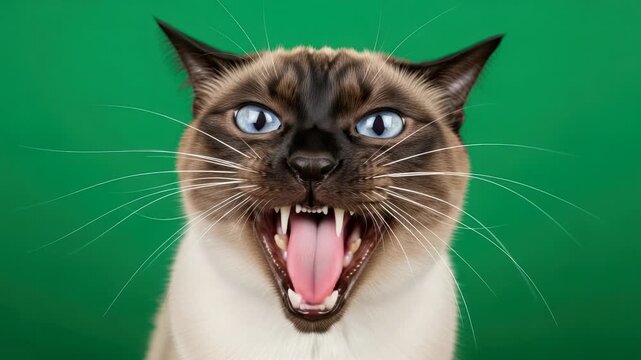 Siamese cat hissing, showing sharp teeth and pink tongue, close-up portrait on green background