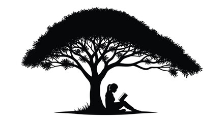 A solitary figure reads beneath the expansive branches of a large tree creating a striking silhouette high quality © Komla02