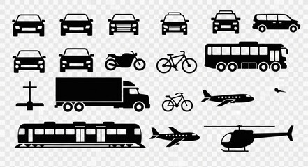 Collection of diverse transportation vehicles and modes silhouette icons. © Fikri