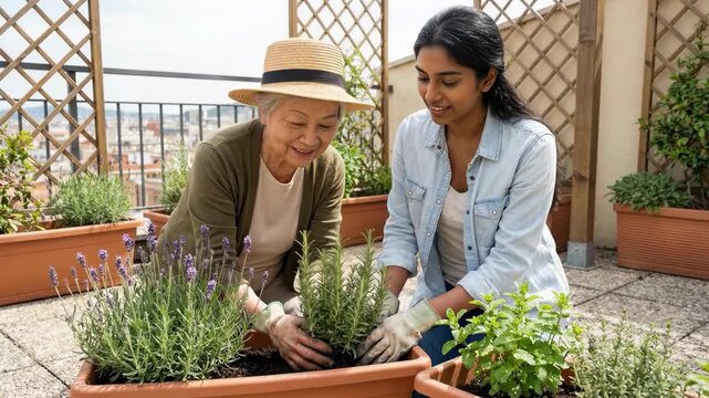 Two women of different generations smiling while planting rosemary and lavender in a planter on a sunny rooftop terrace garden