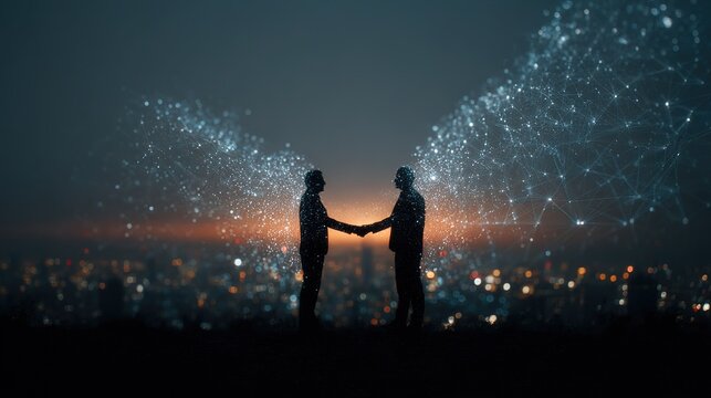 Businessmen shaking hands with digital network background, tech business plan concept with copy space, AI-powered futuristic success vision, business tech photography material