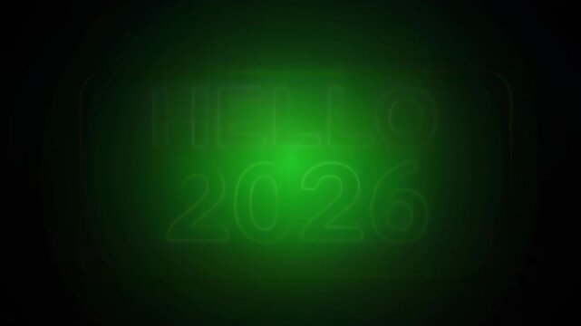 Vibrant neon sign illuminates 'HELLO 2026' with a dynamic, multi-colored glow, signifying the arrival of a new year and future possibilities against a dark, atmospheric setting.