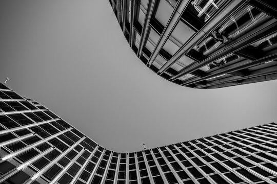 Monochrome abstract architecture building shows curve geometry and pattern with modern structure in high contrast for editorial design space
