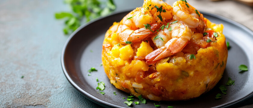 A vibrant timbale of diced mango and succulent shrimp, topped with grilled prawns and garnished with fresh cilantro, served on a dark plate against a textured background