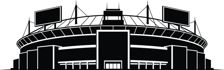Modern sports stadium silhouette illustration showing large arena architecture with scoreboard screens for football or event venue isolated on white background © Azom