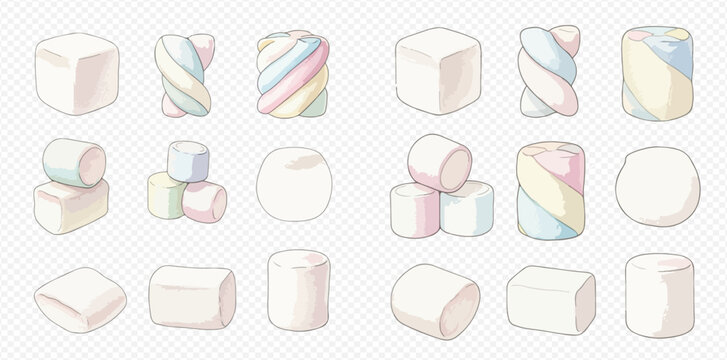 Set of various marshmallow shapes and colors, sweet dessert candy on transparent background.