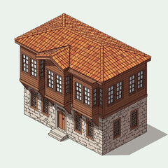 Isometric 3D illustration of a traditional European style house with a tiled roof and stone foundation.