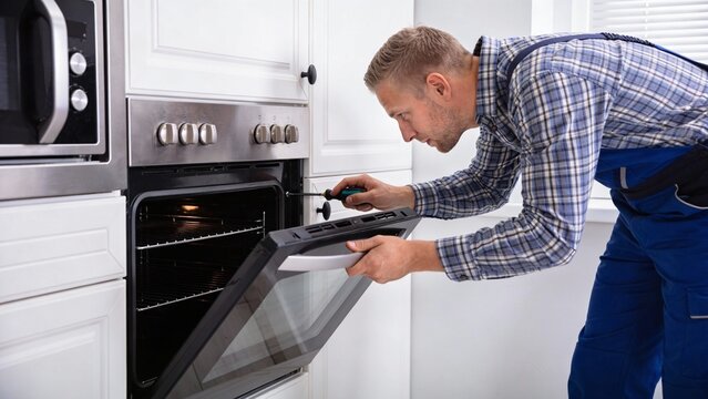 Caucasian adult man in home kitchen checking oven temperature with probe, appliance maintenance and cooking prep, focused practical mood for home care and food safety