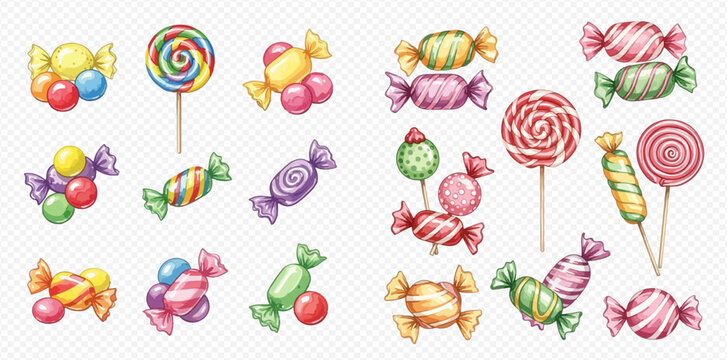 Colorful assortment of sweet candies and lollipops in various wrappers.