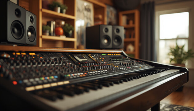 Music production setup with keyboard and speakers in a home studio environment