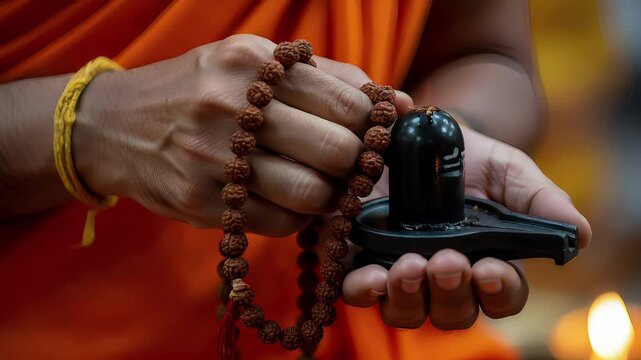 Hindu Monk Praying with Rudraksha Beads and Shiva Lingam with Candle Flame