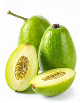 Fresh umbu fruits isolated on white background, whole and halved, juicy pulp, tropical fruit, healthy