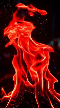 Dancer in motion, abstract red flames illustration on black background