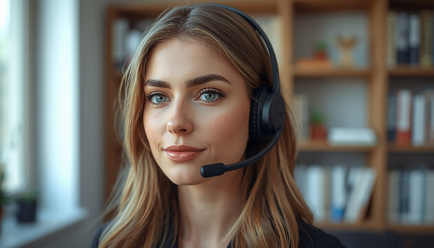 Young woman wearing a headset in a modern office setting environment