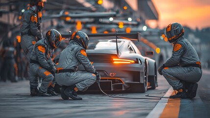 Awesome photo of professional pit crew team servicing a racing car at sunset.