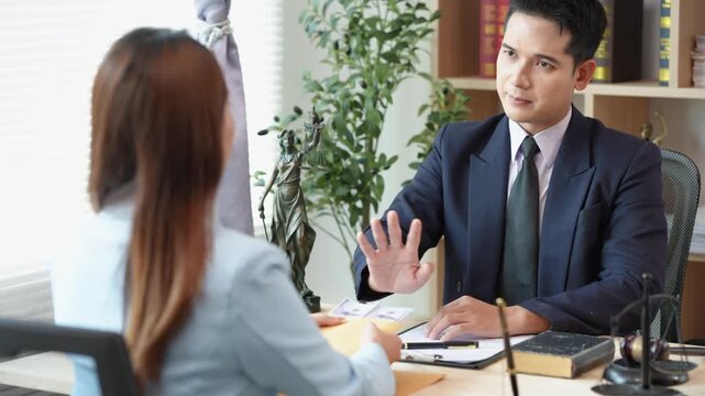 The concept of law and justice: The lawyer provides legal advice to young female lawyers, discusses legal documents, and offers guidance on important cases.
