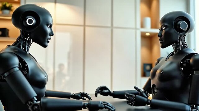 Two fembot women in black sitting at a table discussing, interacting, gesturing. AI communication and future technology concept.
