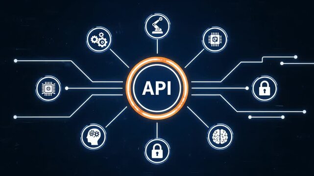 A conceptual digital illustration visualizes the central api network integrating diverse high-tech services using glowing circuit lines on a dark blue background.