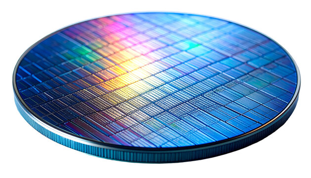 Close-up of a circular silicon wafer with intricate microchip patterns reflecting rainbow hues