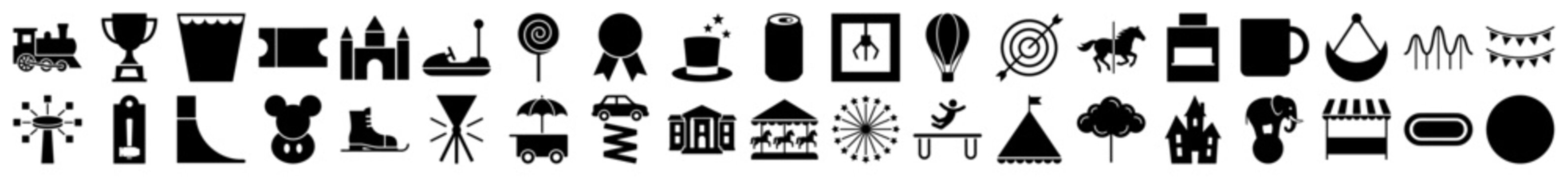 Amusement park and carnival icons featuring rides, games, and fair food in a black filled style.