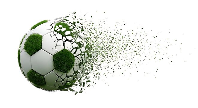 ​A high-energy illustration of a grass-textured football exploding into a spray of leaves and broken white panel pieces