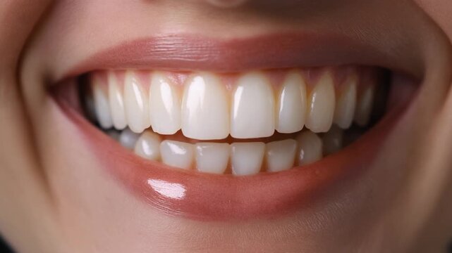 Healthy Enamel Shine. A close-up shot highlighting the natural, healthy sheen on the surface of a person's freshly brushed permanent incisors. The light reflects beautifully.
