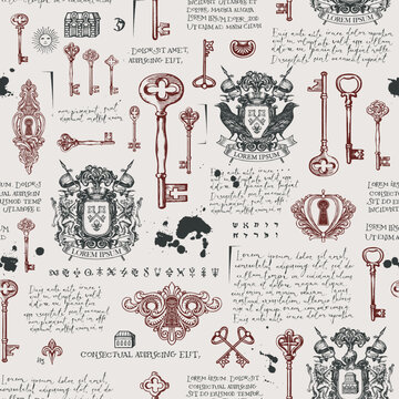 Vector Seamless pattern or Hand-drawn background with vintage medieval knightly coats of arms, old keys and text lorem ipsum. Wallpapers on ancient themes and states, empires. No ai