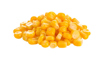 Fototapeta premium A vibrant pile of golden corn kernels is isolated against a black background, showcasing texture and vivid coloration. The image presents a close-up of the food