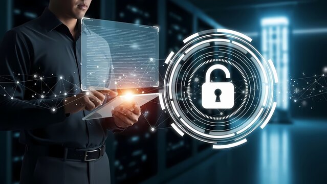 Professional in a server room interacting with digital security interfaces