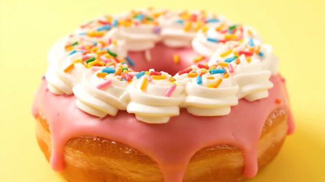 A close-up of a delicious pink glazed donut with whipped cream and colorful sprinkles on a bright yellow background. Evokes feelings of fun and celebr