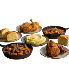 Assorted savory baked dishes displayed on white plates with metal rims