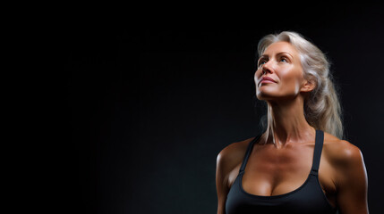 mature fitness woman looking up, confident athletic woman portrait, strong healthy senior exercising
