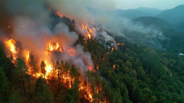 Aerial view of a forest fire raging on a mountainside, smoke filling the air. 4k video