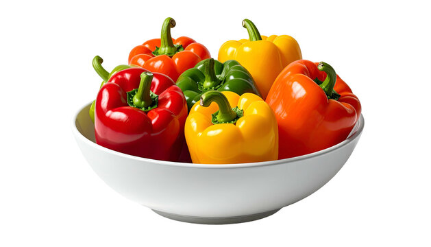 A white bowl overflows with colorful bell peppers. A mix of red, orange, yellow, and green peppers sit close together