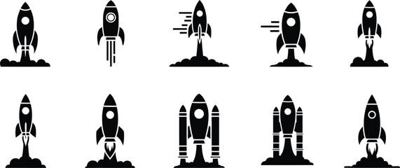 Naklejka premium Set of 10 rocket ship icons illustrating various stages of launch and space travel with exhaust flames