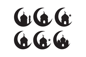  islamic  mosque silhouette with crescent moon, elegant minimal illustration symbolizing muslim faith, ramadan, eid celebration, spirituality and traditional islamic architecture ...