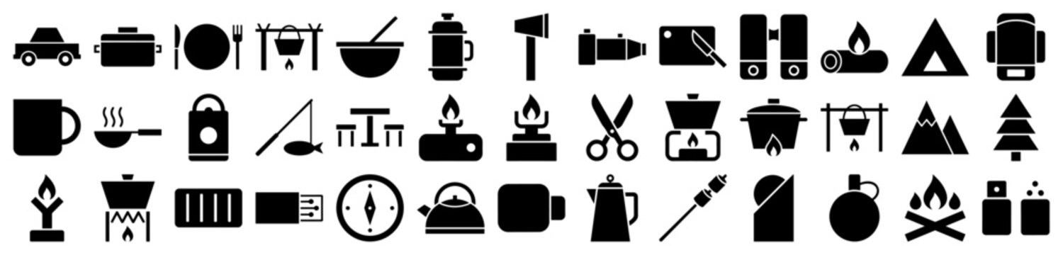 Camping and outdoor adventure icons in a solid black glyph style for wilderness recreation design.