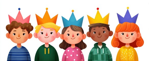 Naklejka premium Kids in colorful birthday crowns reveling in a cheerful celebration at a vibrant gathering.