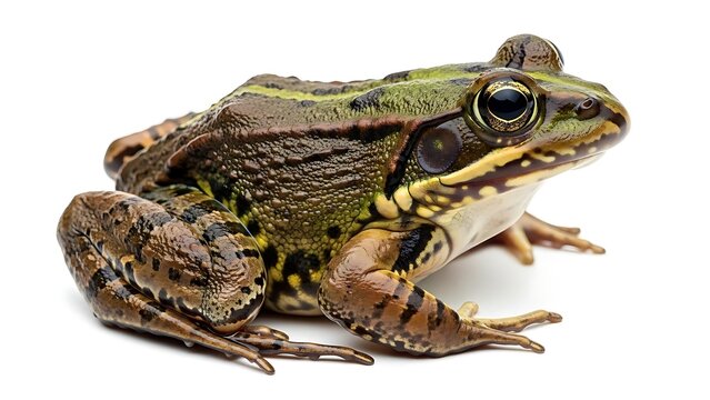Close-up studio shot of a vibrant green and brown frog with mottled skin on a clean white background.