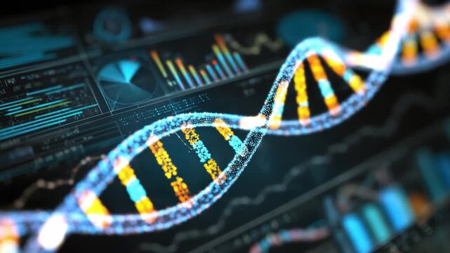 DNA Helix and Scientific Data: An illuminated DNA double helix intertwined with a complex array of scientific data and charts, symbolizing the essence of science and genetic analysis.