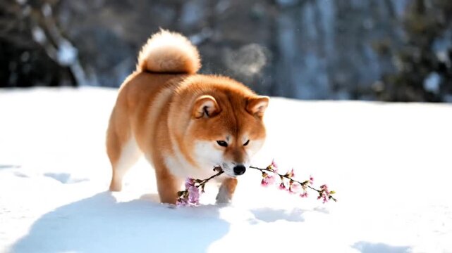 Video, a Shiba Inu dog bites a cherry blossom branch, snowy background, pet, Japan, 