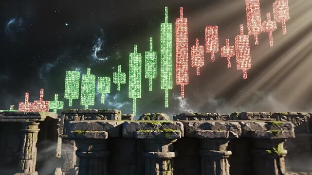 A mystical scene depicts rising and falling data streams above ancient stone structures with a starry background