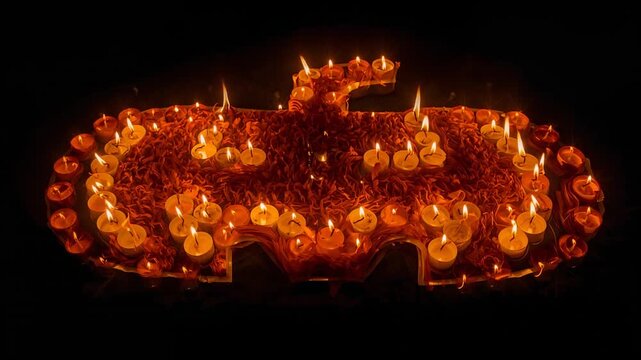 Illuminated pumpkin: A warm, inviting tableau of a pumpkin silhouette aglow with numerous candles, evokes the festive spirit of Halloween.