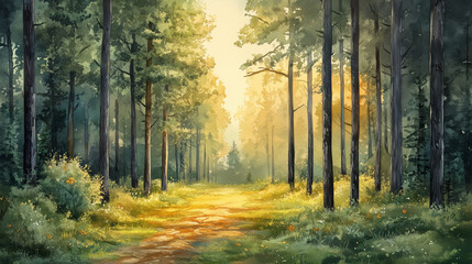 Fototapeta premium green forest depicted in a watercolor painting. Ideal for nature-themed designs