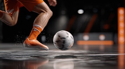 Naklejka premium Close up shot of a soccer player in orange uniform kicking a soccer ball on an indoor court with splashes of water