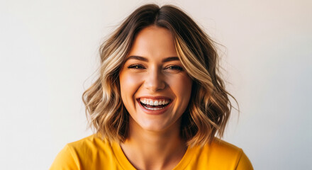 Naklejka premium Close-up of a young woman with blonde hair, wearing a yellow shirt, laughing brightly against a white background, conveying joy and happiness