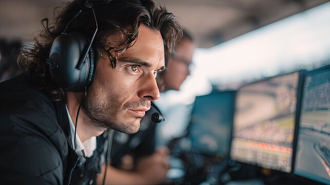 Professional male operator wearing a headset with a microphone looks intently at multiple computer monitors in a high technology control room